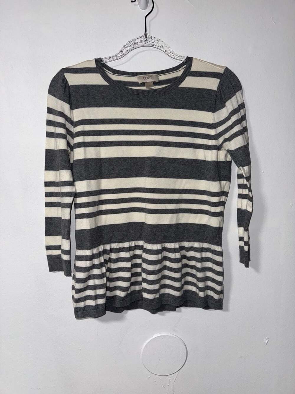 Loft Sweater Size M Striped Peplum Top Gray